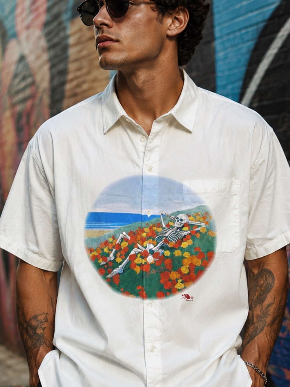 Ovardia White Short-Sleeve Button-Down Shirt with Colorful Skeleton Floral Print